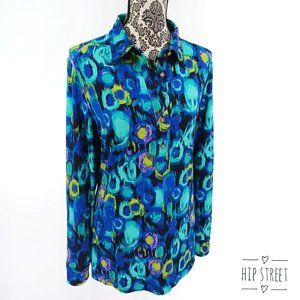 DANA BUCHMAN Button Front LS Stretch Print Blouse Tunic L